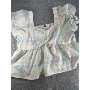 Old Navy Cropped Top Women Plus Size 2X‎ Plaid Puff Sleeve Smocked Baby Doll